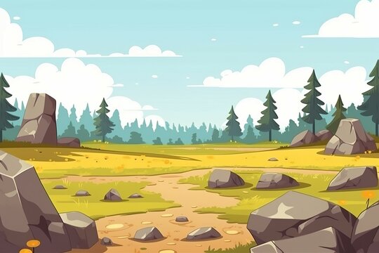 Paysage de dessin anim&eacute; avec des arbres d'herbe et des rochers vides