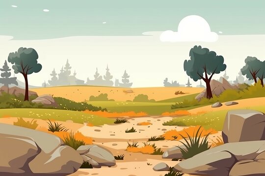 Paysage de dessin animé avec des arbres d'herbe et des rochers vides