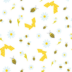 Honey sotes, bees and flowes vector seamless pattern, background, wallpaper, print