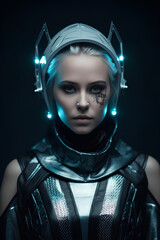 Portrait of young beautiful blonde woman in futuristic costume with helmet. Fashion of future concept.