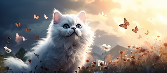 The abstract background design isolated in nature showcases a beautiful art illustration of a cute white cat and a cartoon butterfly creating a happy and whimsical digital composition