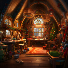 Wooden rustic cabin decorated for Christmas holidays.