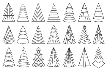 Line art Christmas tree set. Collection of decorative firs, outline stylized abstract Christmas trees, geometric design. 