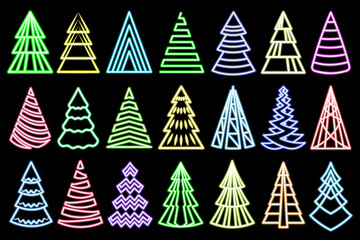 Obraz premium Colorful glowing Christmas trees. Abstract, decorative stylized neon Christmas trees collection with different color isolated on dark background. 