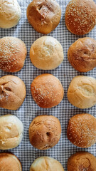 hamburger buns, with and without sesame, rows, pattern, top view