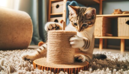 playful cat hones its claws on a scratching post, embodying care for feline instincts - obrazy, fototapety, plakaty