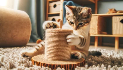Fotobehang playful cat hones its claws on a scratching post, embodying care for feline instincts © koldunova
