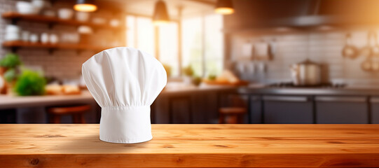White cooking hat on wooden tabletop, blurred kitchen background