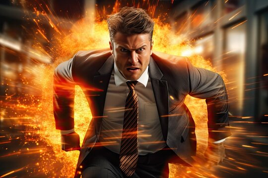 Businessman In Suit And Necktie Running Away From The Fire In The City Street And Road Background.