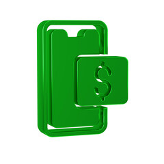 Green Mobile phone and shopping cart icon isolated on transparent background. Online buying symbol. Supermarket basket symbol.