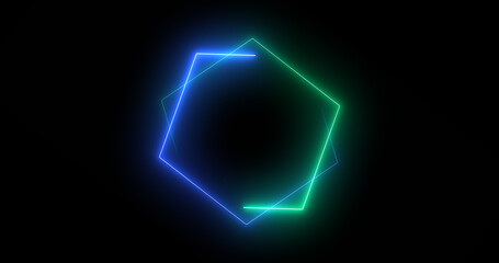 Fast-moving hexagon neon lights retro-style futuristic technology. Hexagon lights moving animation. Bright-colored moving neon light on a black background.