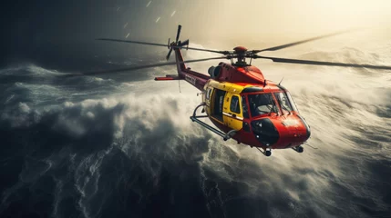 Zelfklevend Fotobehang Rescue helicopter in mission sea rescue. © Ruslan Gilmanshin