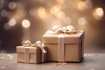 Double golden gift boxes set with bow wrapped in ribbons, perfect christmas or luxury festive background. Generative AI