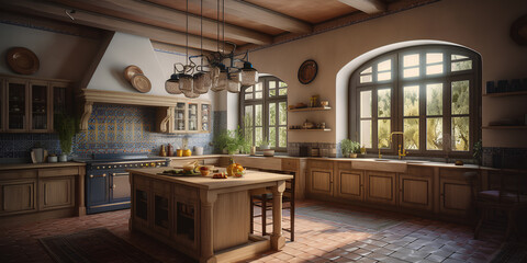 Large kitchen interior in Mediterranean style.