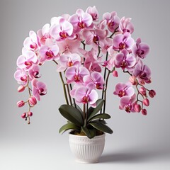 A white vase filled with pink flowers on top of a table.