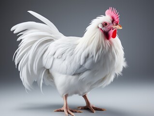 Fototapeta premium A white rooster standing on a gray surface.