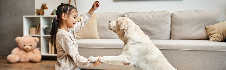 cute girl in casual wear playing with labrador and giving treat in living room, training dog banner - obrazy, fototapety, plakaty