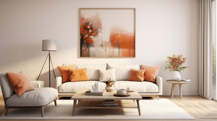 Stylish and Scandinavian living room interior of modern apartment with sofa.