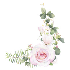 A corner floral arrangement, bouquet of pink roses, buds, pink flowers and green leaves hand drawn in watercolor. Isolated floral watercolor illustration.