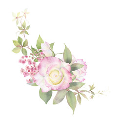 A arc-shaped floral arrangement with pink roses, flowers, maiden grape branches and green leaves hand drawn in watercolor. Watercolor floral frame