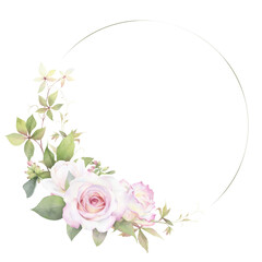 A circle floral frame with pink roses, buds, maiden grape branches and green leaves hand drawn in watercolor. Watercolor floral frame