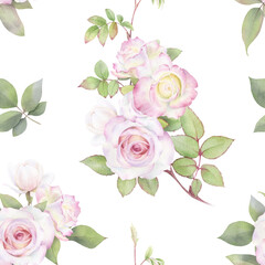 A floral seamless pattern with pink roses, buds and leaves hand drawn in watercolor isolated on a white background. Watercolor floral pattern