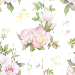 A floral seamless pattern with pink roses, buds, leaves and multicolor watercolor splashes hand drawn in watercolor isolated on a white background. Watercolor floral pattern