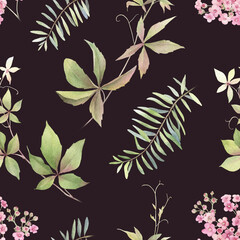 A floral seamless pattern with pink flowers, green leaved branches, leaves hand drawn in watercolor isolated on a dark violet background. Watercolor floral pattern