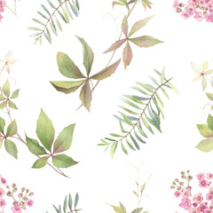 A floral seamless pattern with pink flowers, green leaved branches, leaves hand drawn in watercolor isolated on a white background. Watercolor floral pattern