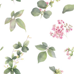 A floral seamless pattern with pink flowers, green leaved branches with berries and leaves hand drawn in watercolor isolated on a white background. Watercolor floral pattern