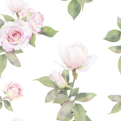 A floral seamless pattern with pink roses, buds and leaves hand drawn in watercolor isolated on a white background. Watercolor floral pattern