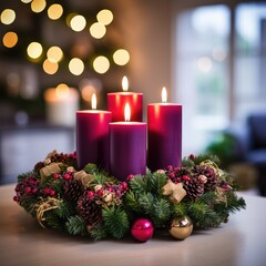 Advent wreath with candles placed on the table, lamp in the background. Pre-Christmas time. Generative AI.