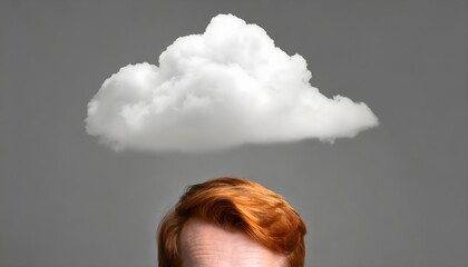 Man's forehead and red hair visible under a white cloud, on a gray background. Concept of sadness, stress, worries, difficult time, loneliness, depression, illness.