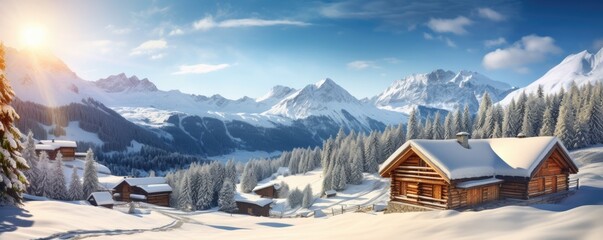 Cozy mountain hut in snowy nature. Winter country. Generative AI. - obrazy, fototapety, plakaty