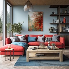 Red sofa with gray-blue cushion near coffee table. Interior design