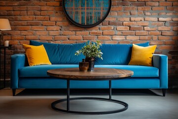 Rustic coffee table next to a blue sofa against a brick wall.