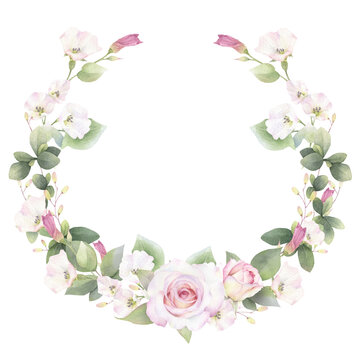 A floral wreath of pink roses, creepers and green leaves hand drawn in watercolor. Isolated image. Floral watercolor illustration.