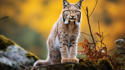 Naklejka na ściany i meble Lynx in winter. Young Eurasian lynx, walks in snowy beech forest. Beautiful wild cat in nature.