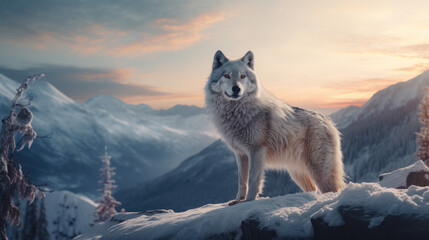 A wolf in a winter landscape with lots of snow