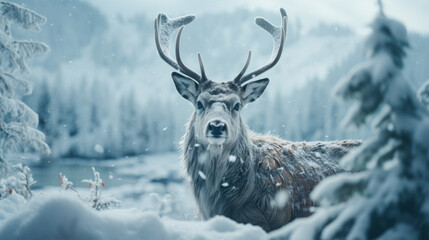 A deer stands in a winter landscape