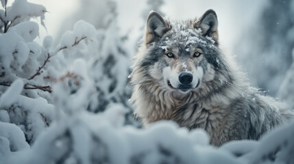 A wolf in a winter landscape with lots of snow