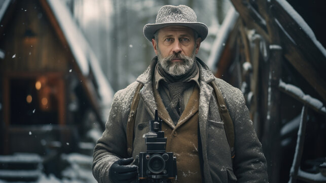 A photographer from a bygone era with an old camera in winter
