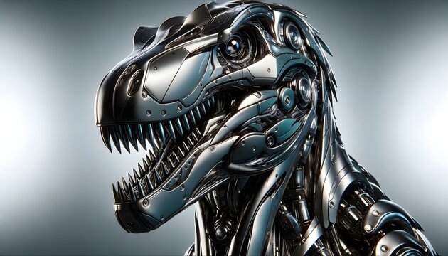 A futuristic cyborg dinosaur with a metallic robotic body.