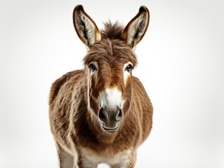A brown donkey standing on top of a white floor. Realistic clipart on white background