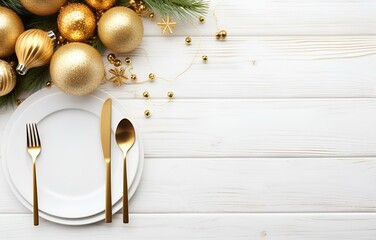 Fototapeta na wymiar white plate, fork, knife on wooden table with christmas decor for holiday supper party design
