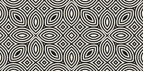 Vector geometric seamless pattern. Abstract black and white linear ornament texture with curved shapes, lines, flower silhouettes, leaves. Minimal geometrical background. Monochrome repeat geo design