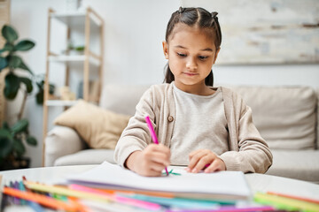 portrait of cute elementary age girl drawing with color pencil on paper in modern apartment