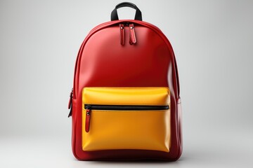 A red and yellow backpack on a white surface.