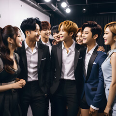 Obraz premium Harmony Behind the Curtains: Uniting K-Pop Artists Backstage for Inter-Group Collaboration and Camaraderie. generative AI