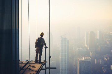 A Chinese construction worker looks out from the top of a skyscraper, with the modern Asian city in the background. - obrazy, fototapety, plakaty